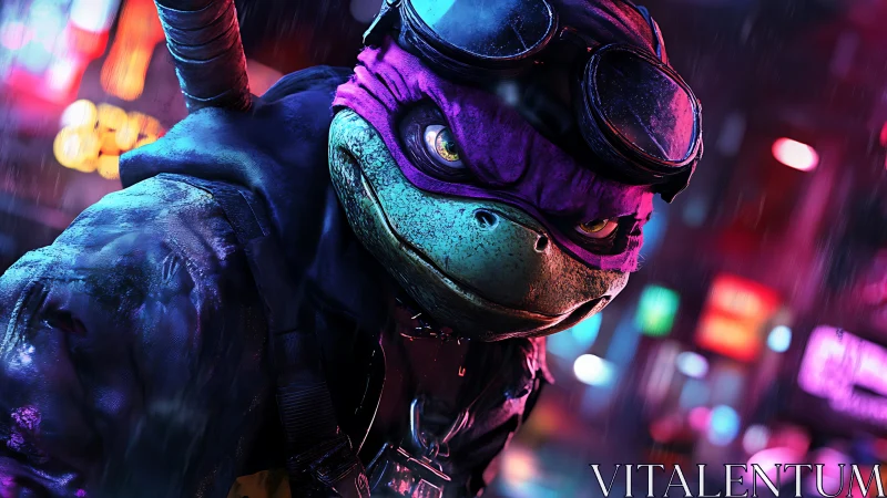 Cyberpunk turtle warrior in neon-soaked nocturnal streets