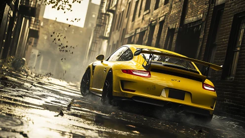Yellow GT3 sports car powers through wet narrow alley