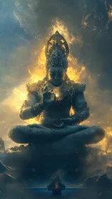 Celestial deity in lotus pose rendered with radiant fire aureole
