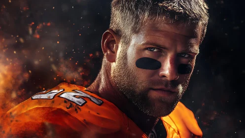 Gridiron portrait under dramatic ember-lit stadium haze.