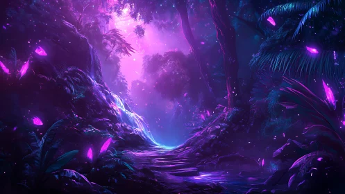 Bioluminescent forest pathway with luminous violet crystals.