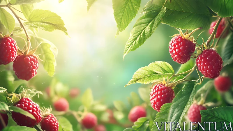Sunlit raspberry clusters rendered with soft photoreal depth