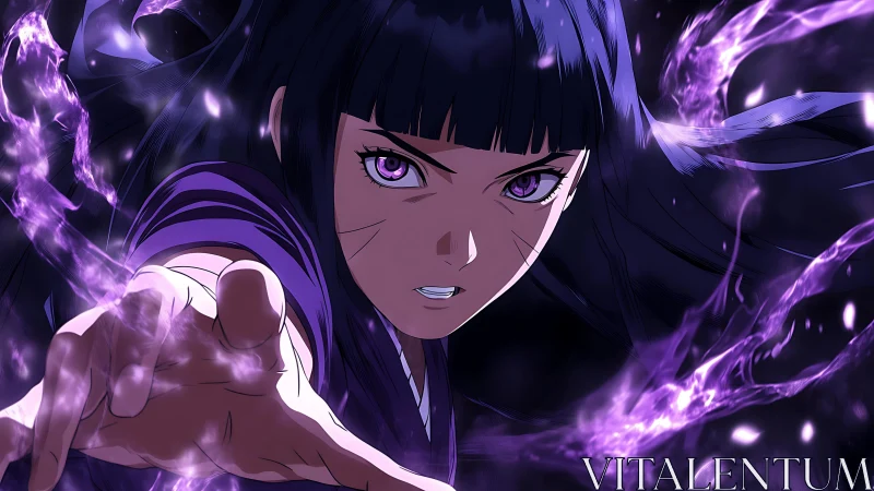 Determined anime heroine casting purple energy spell.