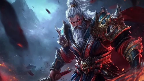 Storm-wreathed warlord with blazing sword and demon armor.