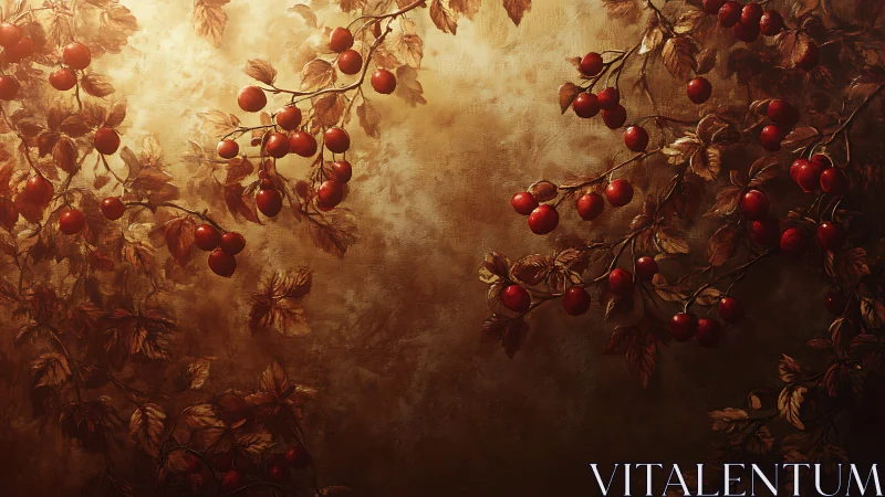 Autumn berry branches rendered with warm directional chiaroscuro