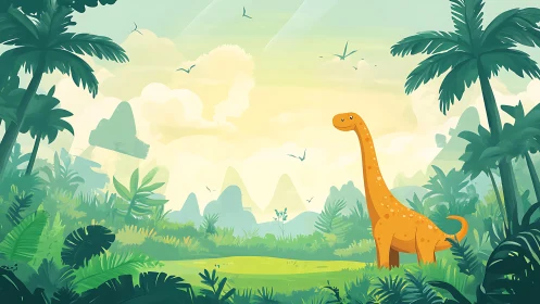 Stylized dinosaur in lush prehistoric jungle landscape design.