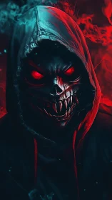 Hooded skull creature stares forward with glowing red eyes
