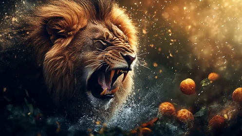 Roaring lion head rendered with splashing water and oranges