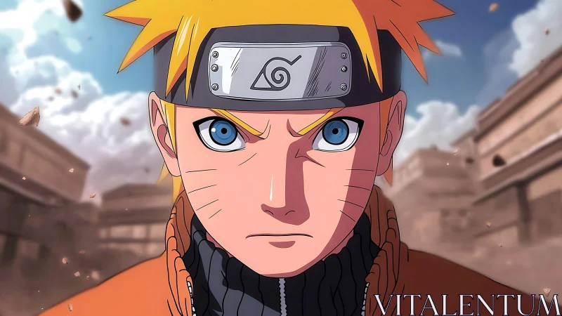 Animated blond ninja portrait with village background.