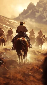 Rear-perspective cowboy convoy in atmospheric dust field.