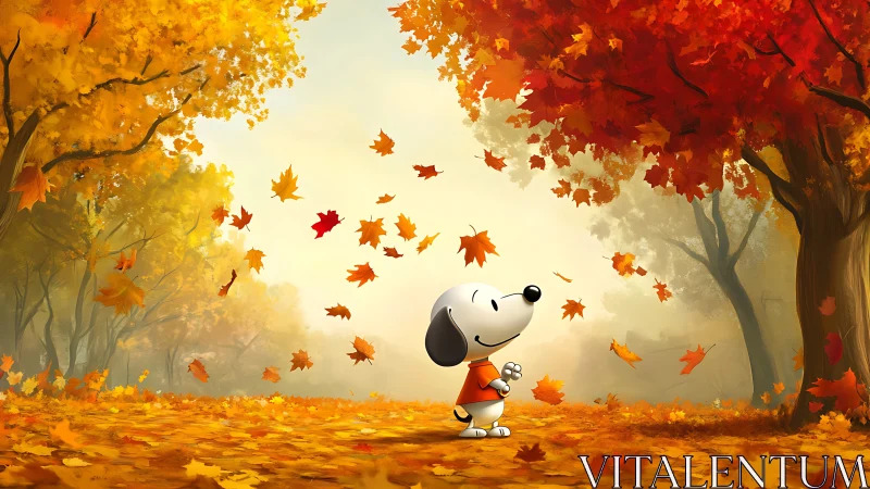 Cartoon beagle under vivid autumn canopy of drifting leaves.