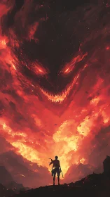 Lone warrior confronts colossal demonic firestorm entity.