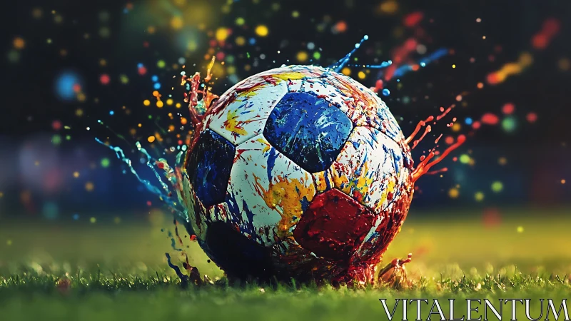 Dynamic photoreal soccer ball with explosive paint splashes.