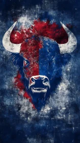 Symmetrical bison portrait split by red and blue textured fields