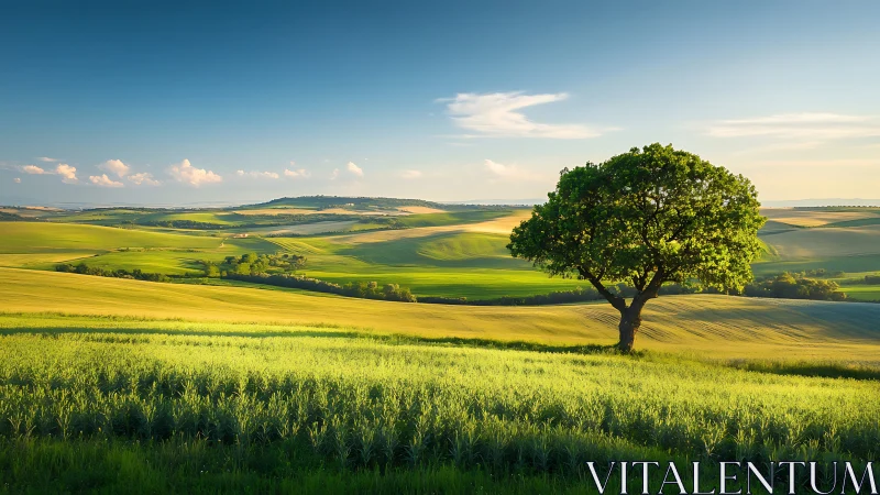 Solitary tree bathing in rolling emerald countryside light.