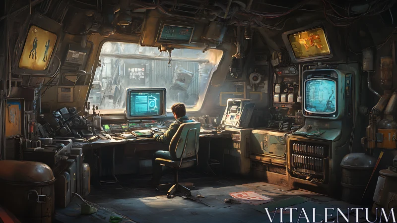 Person works at cluttered retro-futuristic control workstation