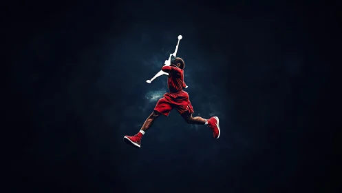 Basketball player in red uniform leaping against dark void.