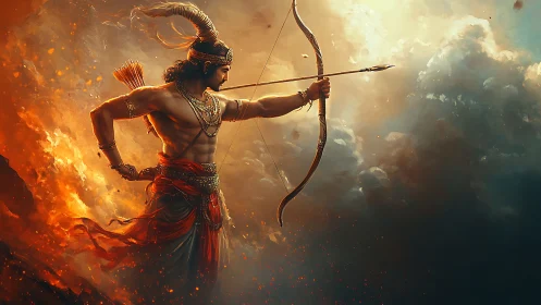 Heroic archer poised between fire and stormlit sky.