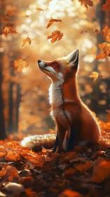 Autumn fox gazing upward amid glowing falling leaves.