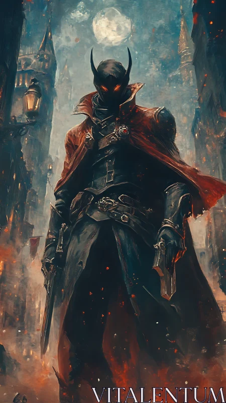 Masked gunfighter stands in burning gothic city street.