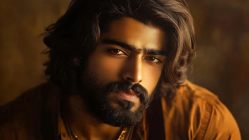 Smoldering gaze in golden light, a quiet storm of warmth.