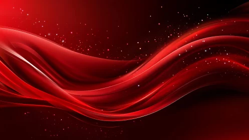 Abstract red waves with glowing particles on dark background.