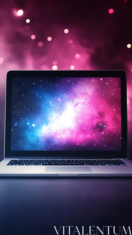 Laptop screen displays vivid galaxy nebula against pink bokeh