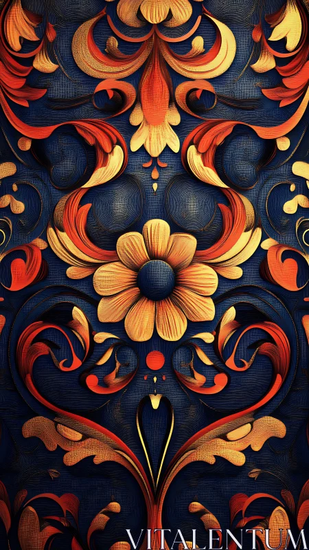 Baroque floral scrollwork in glowing gold and ember tones.