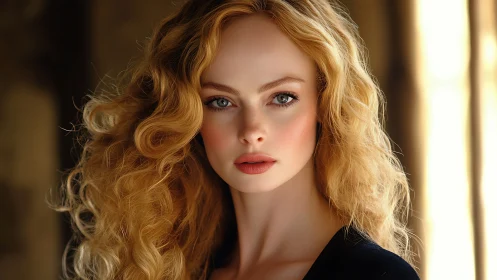 Luminous curly-haired portrait in warm cinematic window light.