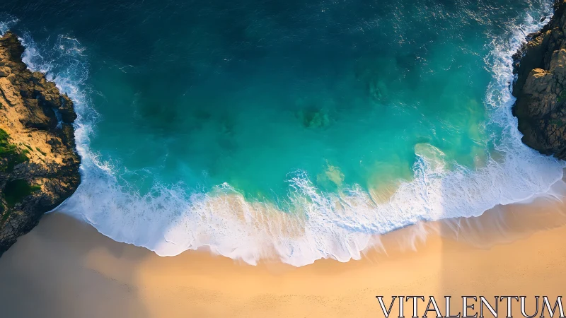 Overhead view shows shoreline, surf and coastal rock formations