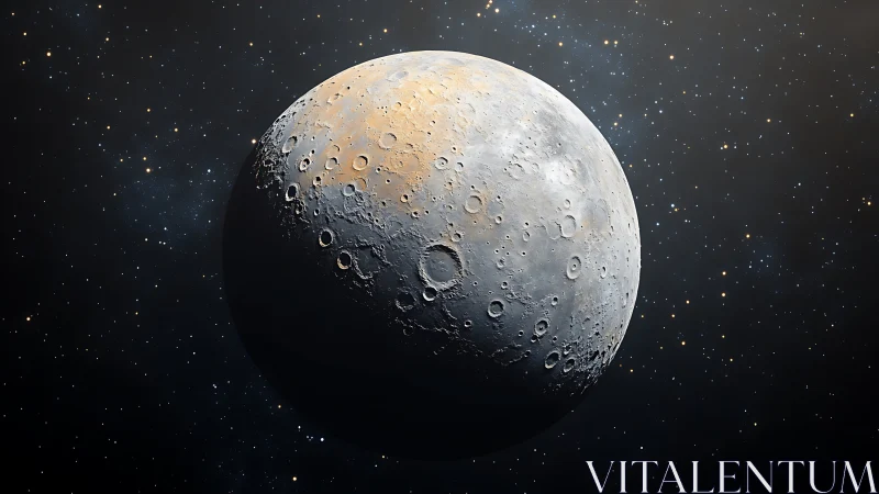 Photorealistic lunar sphere with cratered relief and starfield backdrop.