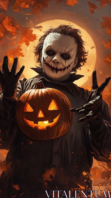 Masked Halloween fiend holding jack o lantern under moon.