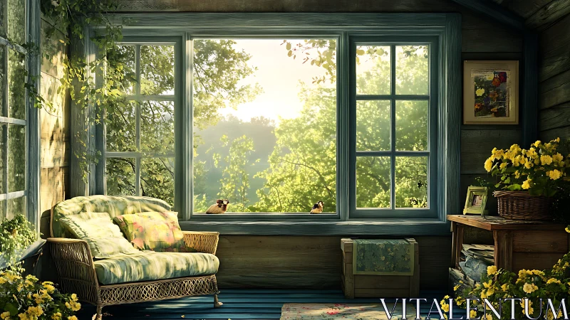 Sunlit cottage window frames tranquil garden view