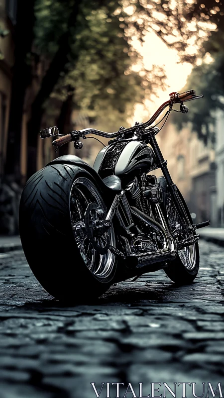 Custom chopper motorcycle on wet cobblestone street at dusk.
