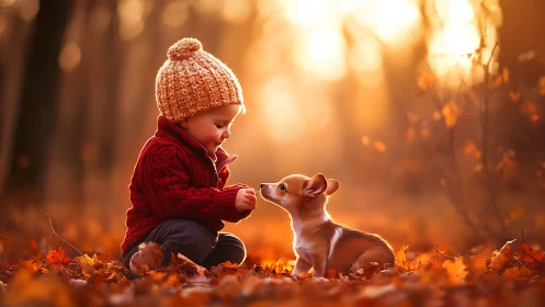 Child in crimson sweater bonds with puppy amid golden autumn leaves