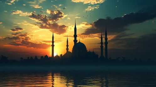 Mosque silhouette mirrors in golden teal sunset water.