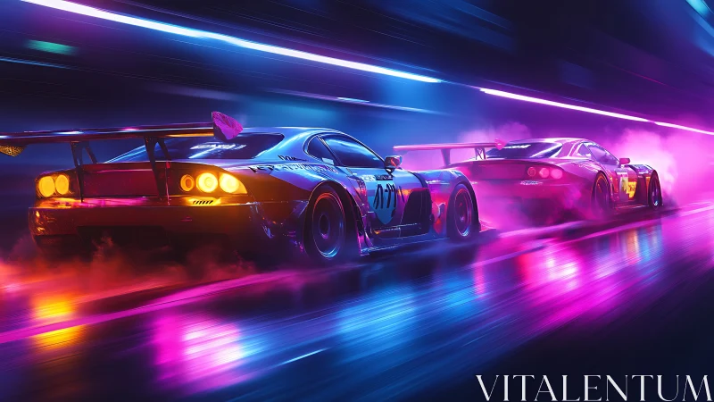 Neon drift racecars slice wet cyberpunk night street.