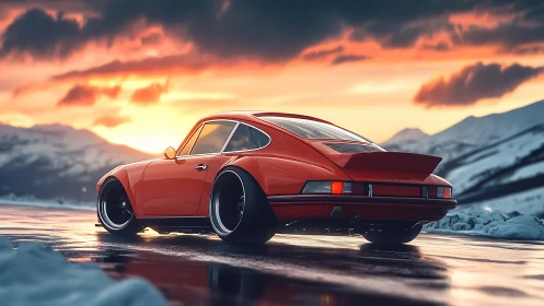 Red classic sports car on icy mountain highway at sunset.
