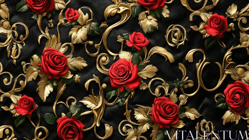 Red roses on black leather with gold ornamental flourishes
