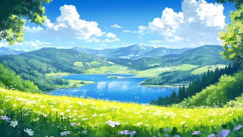 Radiant alpine valley lake under volumetric summer sky.