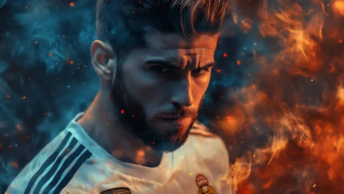 Male footballer portrait amid blue and orange smoke effects.