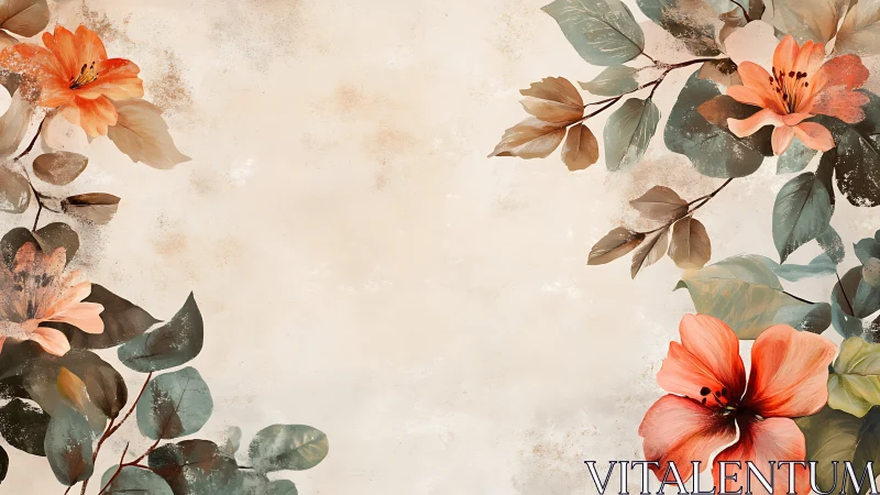 Coral Flowers with Foliage on Neutral Textured Background.