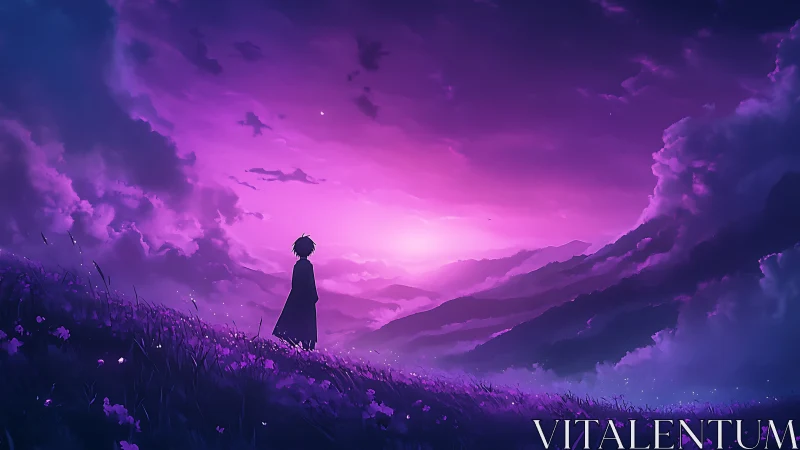 Silhouetted figure watches violet sunset over mountain valley
