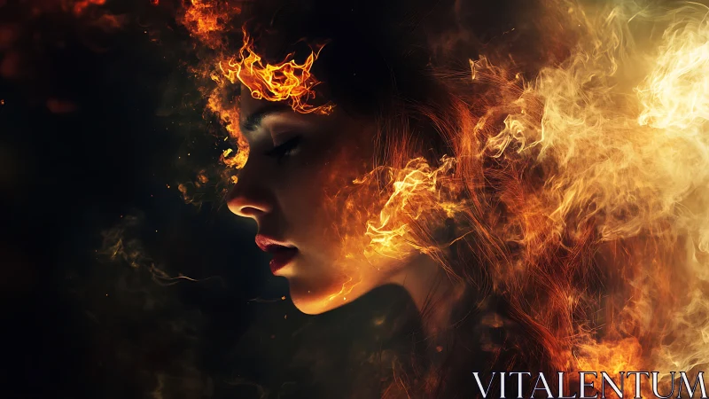 Woman's face surrounded by flames and fire effects.