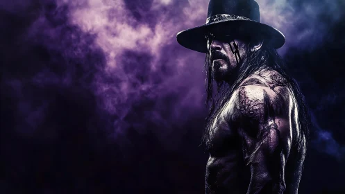 Darkly lit muscular man in hat against purple smoke backdrop.