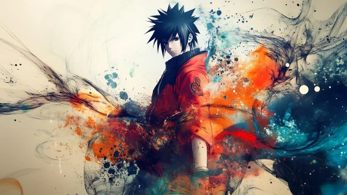 Anime hero in explosive abstract color-field composition.