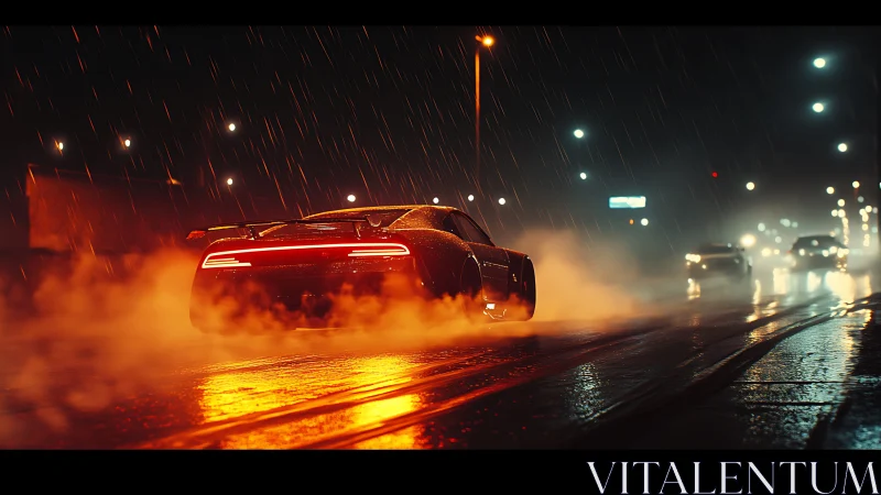 Sport car drifting on wet city street at night in rain.