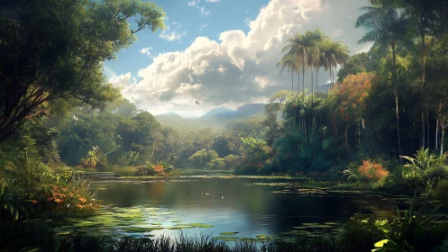 Lush tropical lake landscape sits under bright clouded sky
