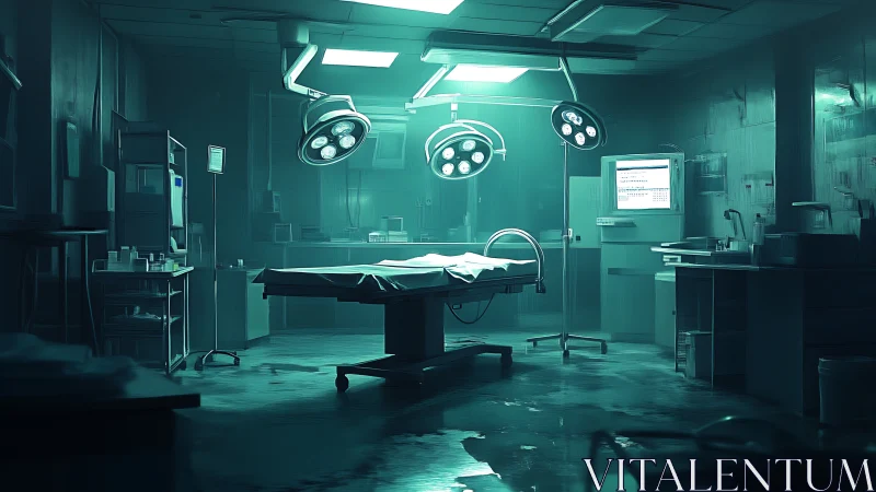 Quiet teal-lit surgery room holding a solitary mystery.