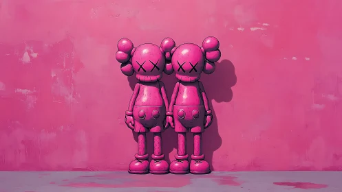Twin pink vinyl figures against monochrome wall backdrop.